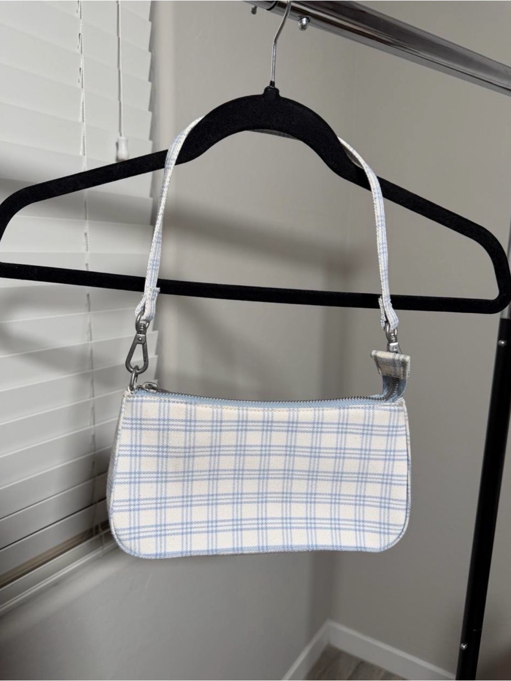 Brandy Melville White and Light Blue Plaid Shoulder Bag